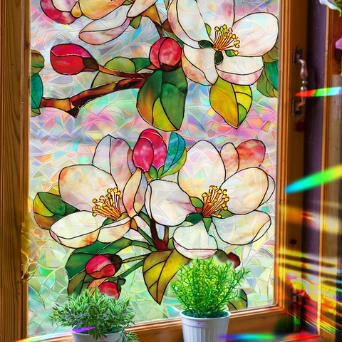 Regenbogen Laser Magnolien Fensterfolie Statisch Haftend Sichtschutz Dekorative Glasaufkleber Für Haus Büro Bad Dekor