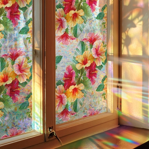Tropical Flower Leaf Static Cling Window Film Laser Rainbow Effect Privacy Glass Sticker For Home Living Room Office Decor