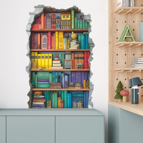 3D Gebroken Muur Creatieve Boekenplank Muursticker PVC Verwijderbaar Regenboog Bibliotheek Muurschildering Voor Woonkamer Huis Decor