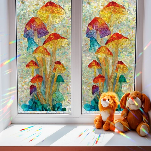 3D Statische Haftung Regenbogen Fensterfolie Pilzmuster Prisma Laser Dekorative Glasaufkleber Für Wohnzimmer Schlafzimmer Sichtschutz