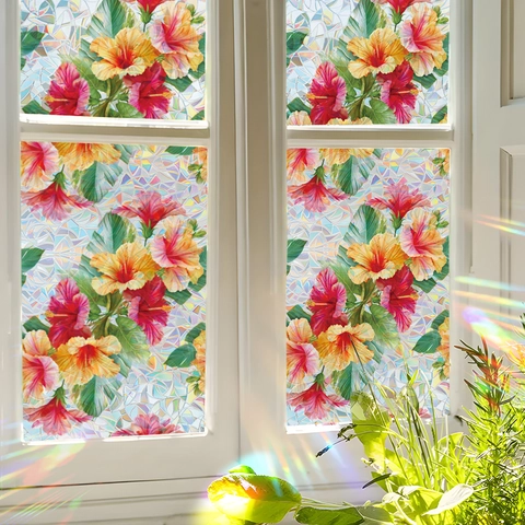 Tropical Flower Leaf Static Cling Window Film Laser Rainbow Effect Privacy Glass Sticker For Home Living Room Office Decor