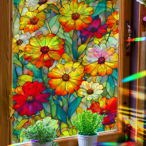 Película para Ventanas Vidrieras Patrón Floral Efecto Prisma Arco Iris Adhesión Estática PVC Adhesivo Decorativo para Vidrio