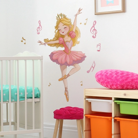 Sticker Mural Princesse De Ballet Pour Chambre De Fille Couronne Rose Notes De Musique PVC DIY Décoration Murale Amovible