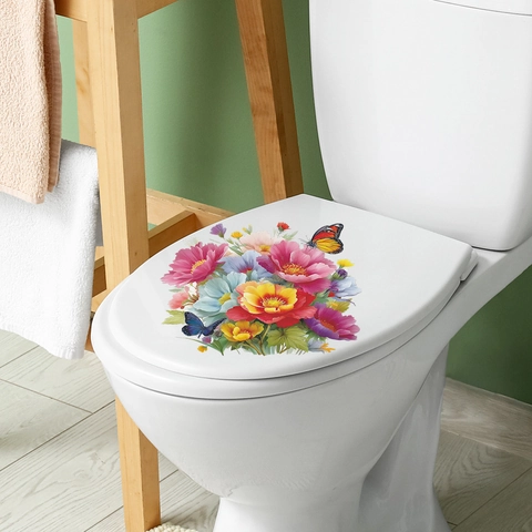 Floral Butterfly Bathroom Toilet Lid Sticker Self Adhesive PVC Removable Wall Decal Botanical Flower Decor Art For Home