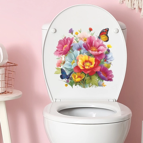 Floral Butterfly Bathroom Toilet Lid Sticker Self Adhesive PVC Removable Wall Decal Botanical Flower Decor Art For Home