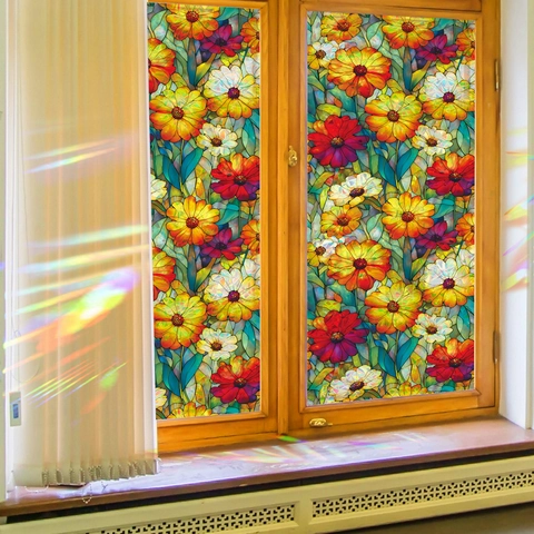 Película para Ventanas Vidrieras Patrón Floral Efecto Prisma Arco Iris Adhesión Estática PVC Adhesivo Decorativo para Vidrio