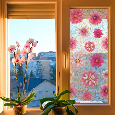 Iriserende Laser Roze Madeliefje Vensterfolie Statische Hechting Privacy Matglas Sticker Voor Thuis Kantoor Badkamer Decoratie