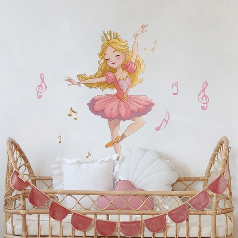Sticker Mural Princesse De Ballet Pour Chambre De Fille Couronne Rose Notes De Musique PVC DIY Décoration Murale Amovible
