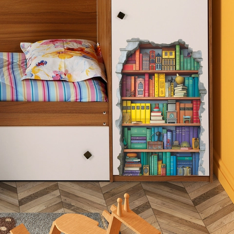 3D Gebroken Muur Creatieve Boekenplank Muursticker PVC Verwijderbaar Regenboog Bibliotheek Muurschildering Voor Woonkamer Huis Decor