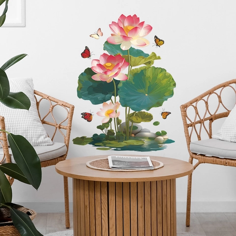 Lotus Flower Butterfly Wall Sticker Waterproof PVC Self Adhesive Mural For Bathroom Living Room Home Decor Art Decal