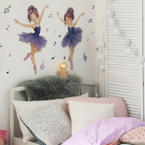Cartoon Ballet Girls Musical Notes PVC Wall Stickers For Kids Room Nursery Home Decor Self Adhesive Mural Art Decal