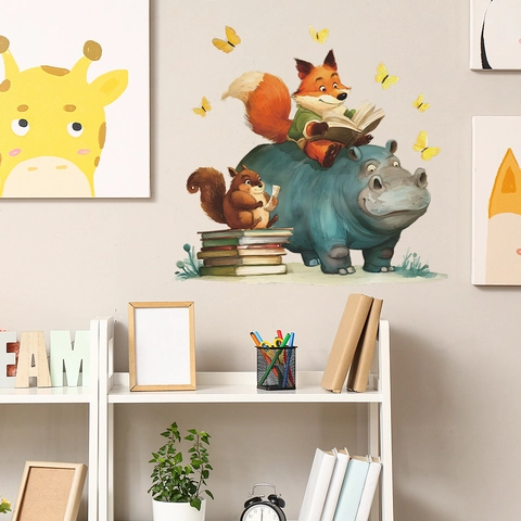 Cute Animals Reading Books Wall Sticker PVC Cartoon Fox Hippo Squirrel Decal For Kids Room Nursery Home Decoration