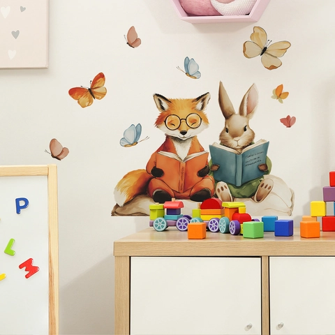 Aquarell Cartoon Fuchs Hase Lesen Buch Schmetterlinge Wandtattoo PVC Tier Aufkleber Für Kinderzimmer Home Decor