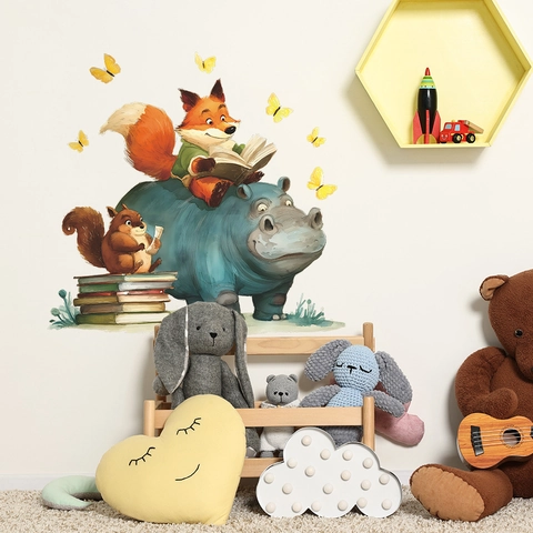 Cute Animals Reading Books Wall Sticker PVC Cartoon Fox Hippo Squirrel Decal For Kids Room Nursery Home Decoration
