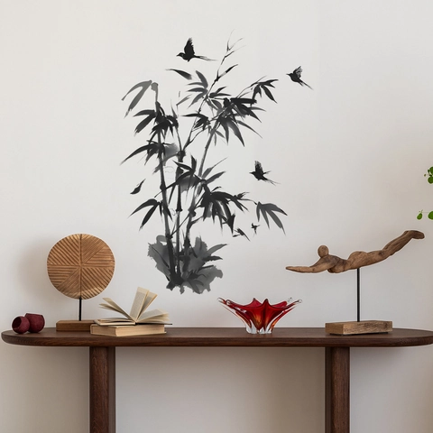 Chinese Ink Wash Bamboo Wall Stickers Black PVC Bamboo Birds Removable Wall Decals For Living Room Study Home Wall Decor