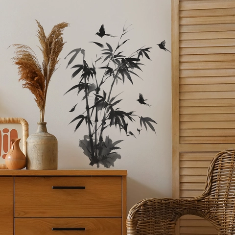 Chinese Ink Wash Bamboo Wall Stickers Black PVC Bamboo Birds Removable Wall Decals For Living Room Study Home Wall Decor