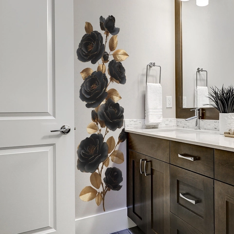 Adhesivo de Pared de Rosa Negra y Hoja de Oro PVC Autoadhesivo Calcomanía Decorativa para Baño Cocina Refrigerador Sala de Estar Hogar Arte Mural