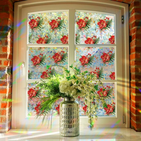 Regenbogen Laser Blumen Beeren Muster Fensterfolie Privatsphäre Statisch Haftende Dekorative Glasaufkleber Für Wohnzimmer