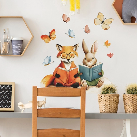 Aquarell Cartoon Fuchs Hase Lesen Buch Schmetterlinge Wandtattoo PVC Tier Aufkleber Für Kinderzimmer Home Decor