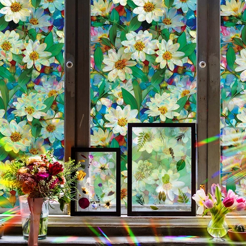 Madeliefjes Patroon Regenboog Vensterfolie Statische Kleefkracht Privacy Glassticker Zonder Lijm Decoratieve Glasdeur Cover Voor Huis