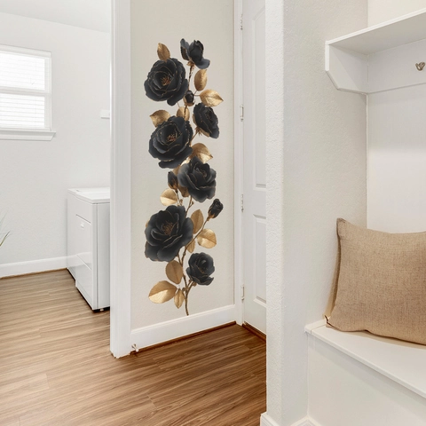 Adhesivo de Pared de Rosa Negra y Hoja de Oro PVC Autoadhesivo Calcomanía Decorativa para Baño Cocina Refrigerador Sala de Estar Hogar Arte Mural