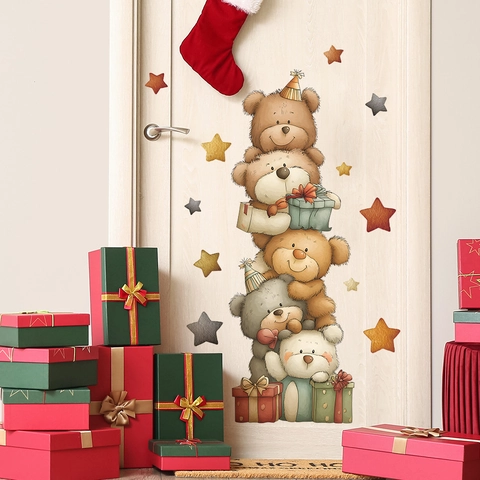 Cartoon Teddybären Gestapelt Weihnachten Wandaufkleber Abnehmbare PVC Stern Geschenkbox Dekoration Für Kinderzimmer Schlafzimmer