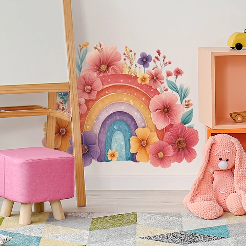 Watercolor Rainbow And Flowers Wall Sticker PVC Self-Adhesive Removable Decal For Kids Room Nursery Bedroom Home Decor