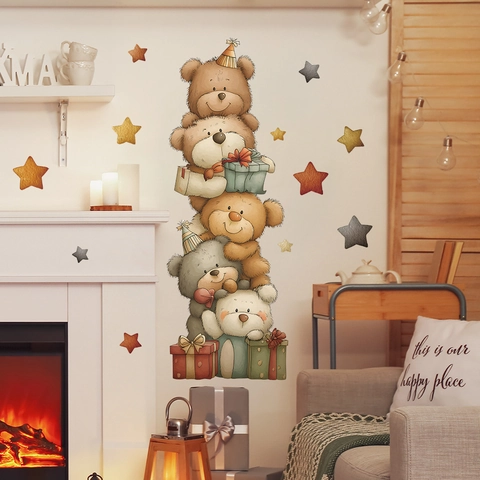 Cartoon Teddybären Gestapelt Weihnachten Wandaufkleber Abnehmbare PVC Stern Geschenkbox Dekoration Für Kinderzimmer Schlafzimmer