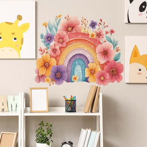 Watercolor Rainbow And Flowers Wall Sticker PVC Self-Adhesive Removable Decal For Kids Room Nursery Bedroom Home Decor