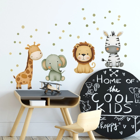 Cartoon Animal Wall Stickers Morandi Dots Giraffe Elephant Lion Zebra PVC Decals For Kids Room Nursery Home Decor