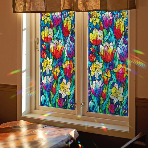 Lámina para Ventanas Estilo Vidriera Estática Arcoíris Prisma Láser Privacidad Tulipán Narciso Patrón de Flores Adhesivo de Vidrio PVC