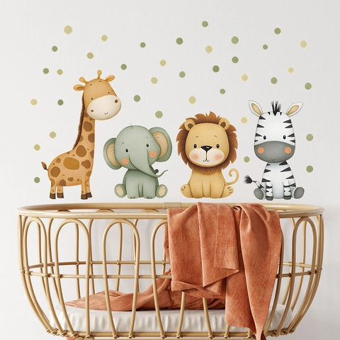 Cartoon Animal Wall Stickers Morandi Dots Giraffe Elephant Lion Zebra PVC Decals For Kids Room Nursery Home Decor