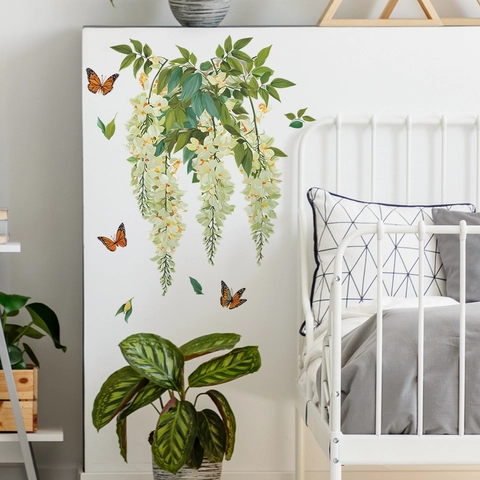 Fresh PVC Wall Sticker White Wisteria Vine Flower Orange Butterfly Removable Self Adhesive Wall Decal For Living Room Home Decor