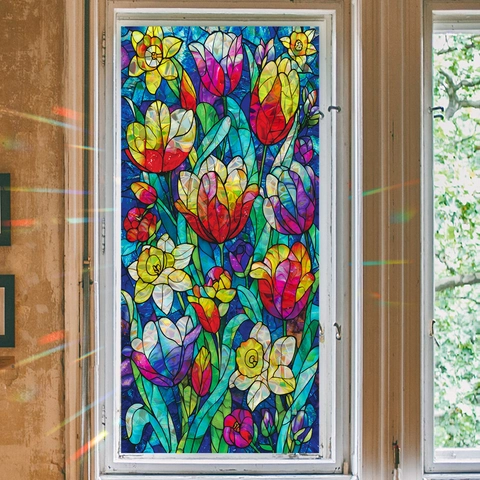 Lámina para Ventanas Estilo Vidriera Estática Arcoíris Prisma Láser Privacidad Tulipán Narciso Patrón de Flores Adhesivo de Vidrio PVC