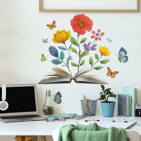 Kreative Buch Blume Schmetterling Wandtattoo PVC Wasserdicht Deko Aufkleber Für Wohnzimmer Arbeitszimmer Haus Wand Kunst