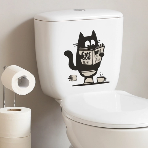 Sticker de Toilette Chat Noir Humour Lisant le Journal PVC Imperméable Amovible Décoration de Salle de Bain Sticker Mural pour Réservoir