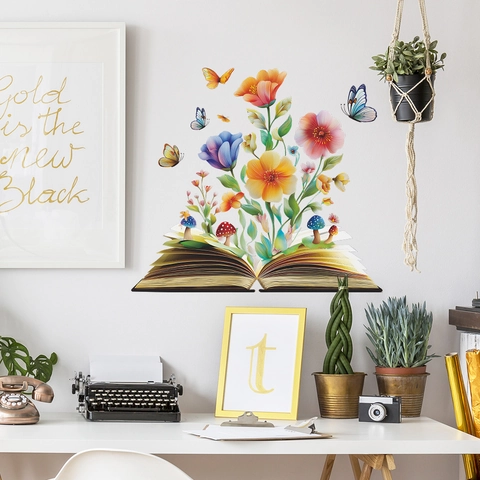 Traumhafter Buch Blumen Schmetterling Wandaufkleber PVC Künstlerische Illustration Fantasie Floral Pilz Dekor Für Wohnzimmer Heimdekoration
