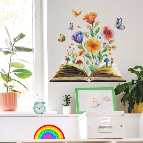 Traumhafter Buch Blumen Schmetterling Wandaufkleber PVC Künstlerische Illustration Fantasie Floral Pilz Dekor Für Wohnzimmer Heimdekoration