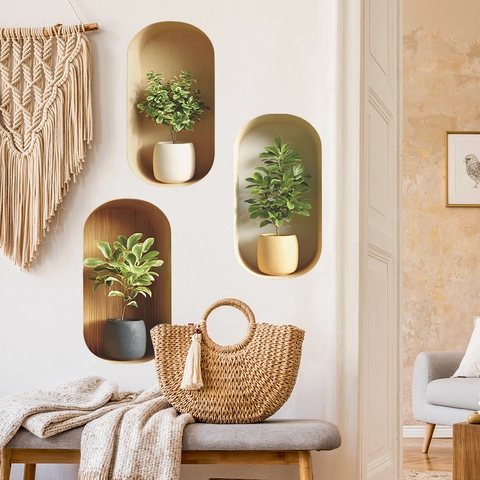 Moderne 3D Potplanten Muurstickers PVC Groene Plant Houten Nis Simulatie Decals Voor Woonkamer Slaapkamer Home Decor Kunst