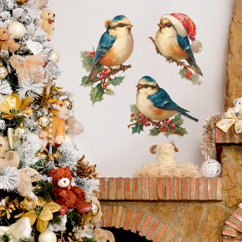 Pegatina de Pared de PVC de Pájaros de Navidad Bayas Rojas de Invierno Ramas de Acebo Pájaro con Gorro de Papá Noel