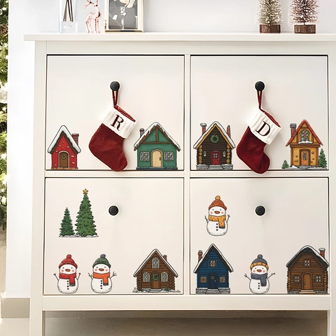Pegatinas de Pared de Navidad Muñeco de Nieve Casas Coloridas PVC Calcomanías de Ventana DIY para Decoración del Hogar
