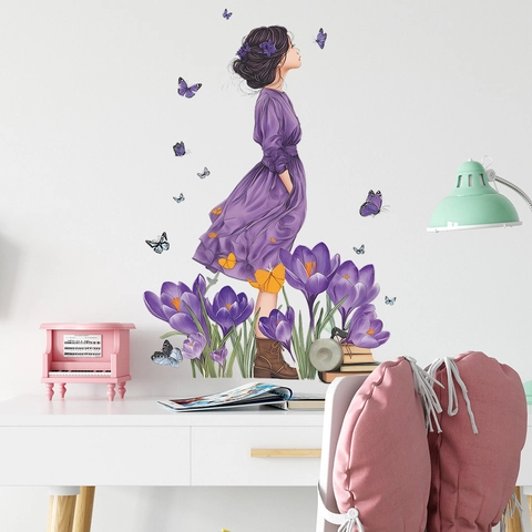 Purple Dress Girl Illustration Wall Sticker Butterfly Floral Removable PVC Mural Decal For Living Room Bedroom Home Decor