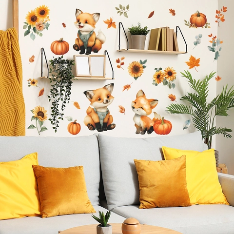 Cartoon Fox Pumpkin Sunflower Autumn Leaves PVC Wall Sticker For Thanksgiving Home Decor Kids Nursery Living Room Wall Decal