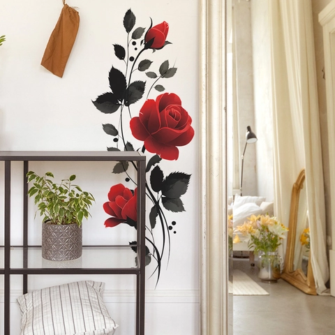 Pegatina de Pared de Flor de Rosa Roja con Hojas Negras Extraíble para Baño Sala de Estar PVC Floral Decorativo Hogar