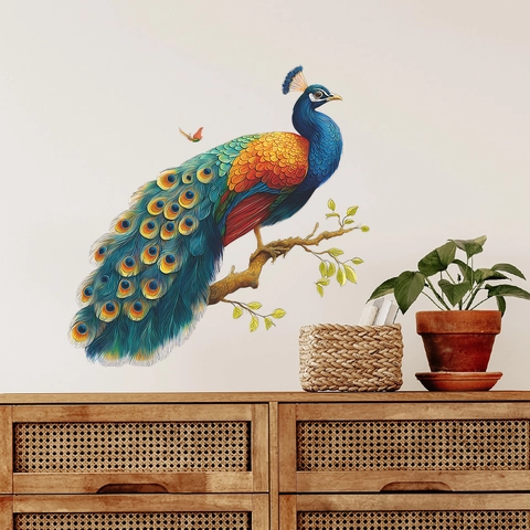 Colorful Peacock On Tree Branch Wall Sticker Removable PVC Animal Mural For Living Room Bedroom Home Wall Decoration Mural
