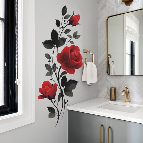 Abnehmbare Rote Rose Blume Schwarze Blätter Wandaufkleber Für Badezimmer Wohnzimmer PVC Floral Deko Modern Home Decor