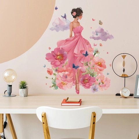 Pegatina de Pared de Hada Mariposa Acuarela Niña Floral Vestido Rosa PVC Autoadhesivo Mural para Dormitorio Hogar