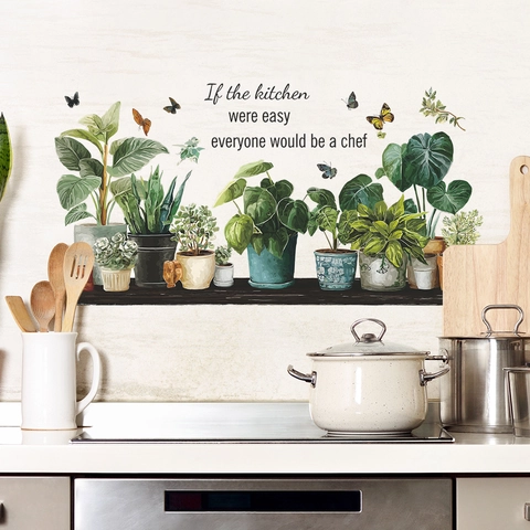 Waterproof PVC Potted Plants Butterflies Wall Stickers Inspirational Kitchen English Quotes Wall Decals For Home Kitchen Dining Room