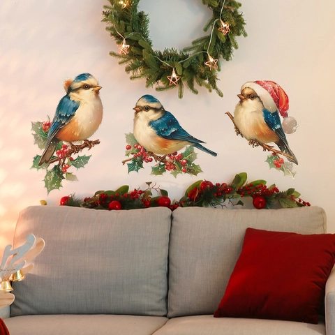 Pegatina de Pared de PVC de Pájaros de Navidad Bayas Rojas de Invierno Ramas de Acebo Pájaro con Gorro de Papá Noel