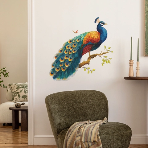Colorful Peacock On Tree Branch Wall Sticker Removable PVC Animal Mural For Living Room Bedroom Home Wall Decoration Mural